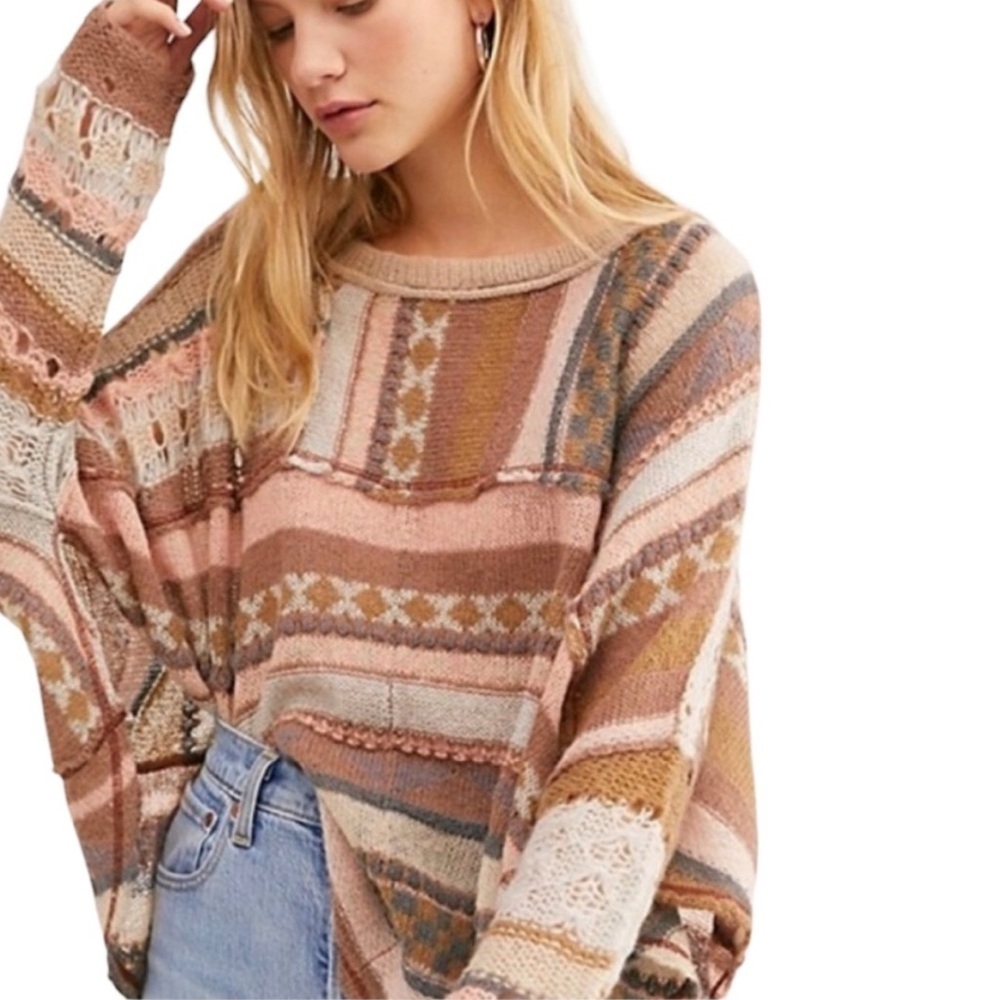 FREE PEOPLE December Skies Poncho Sweater in Matterhorn Comb Patch
